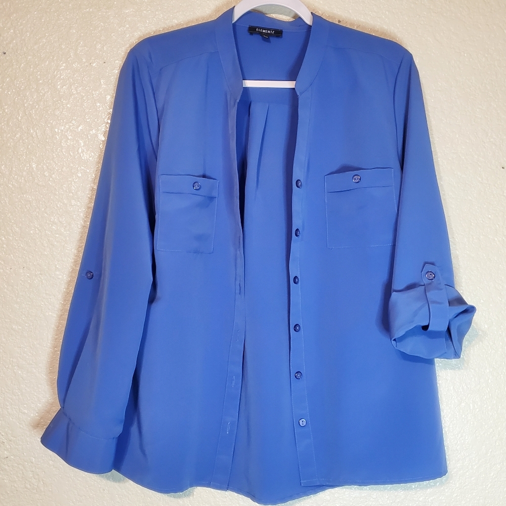 Women's Convertible Tab Sleeve Size L Pkts Hi Low Rounded Hem Button Up Blouse